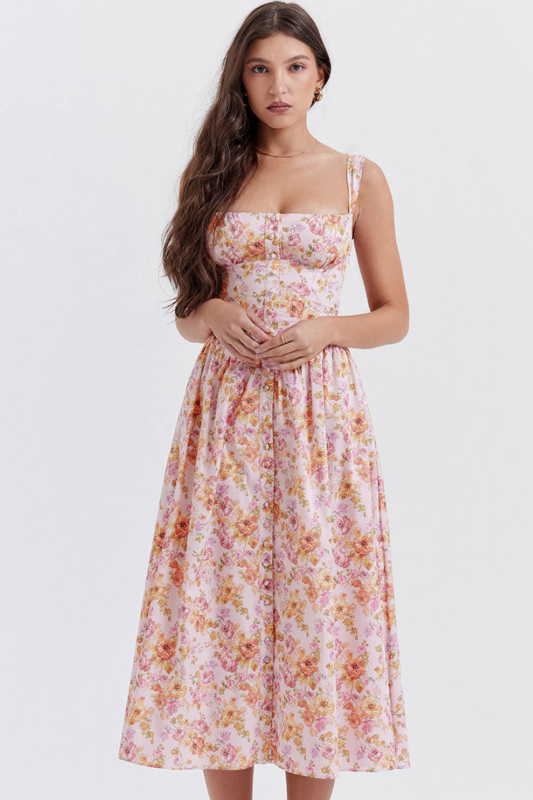 Sexy Square Neck Button Down Lace Up Fit & Flare Printed Midi Sundress - Floral - Fashionpara