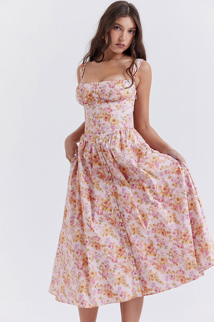 Sexy Square Neck Button Down Lace Up Fit & Flare Printed Midi Sundress - Floral - Fashionpara