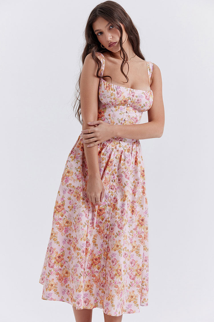 Sexy Square Neck Button Down Lace Up Fit & Flare Printed Midi Sundress - Floral - Fashionpara