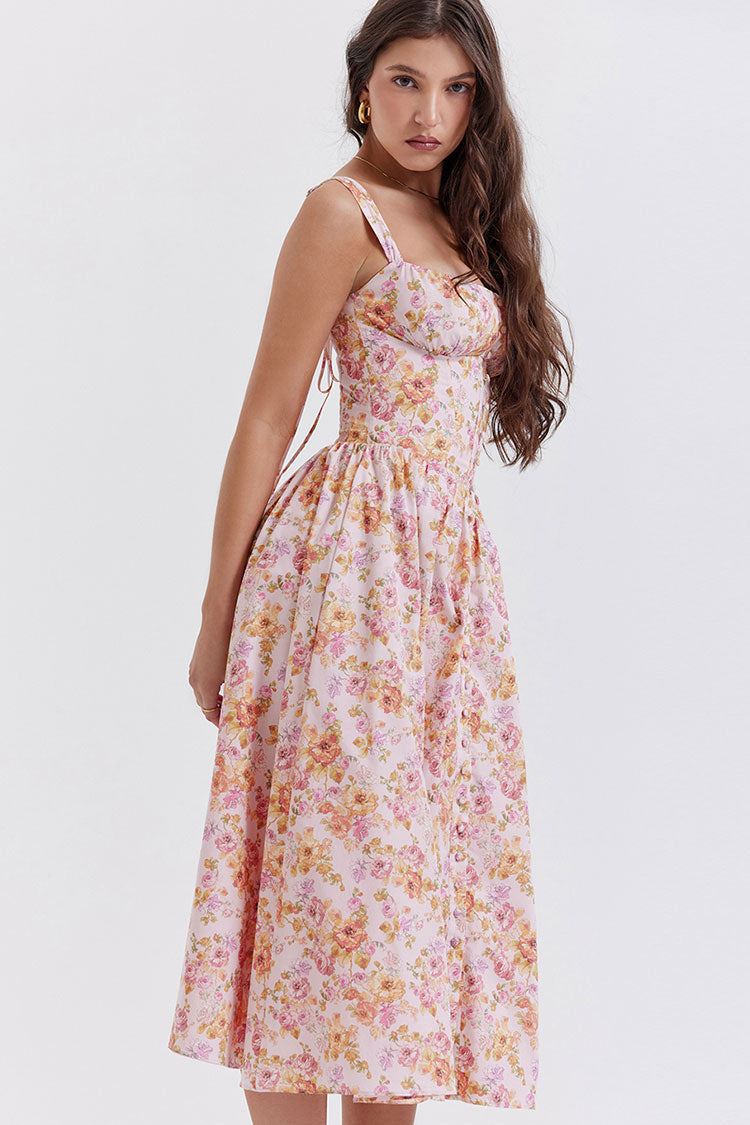 Sexy Square Neck Button Down Lace Up Fit & Flare Printed Midi Sundress - Floral - Fashionpara