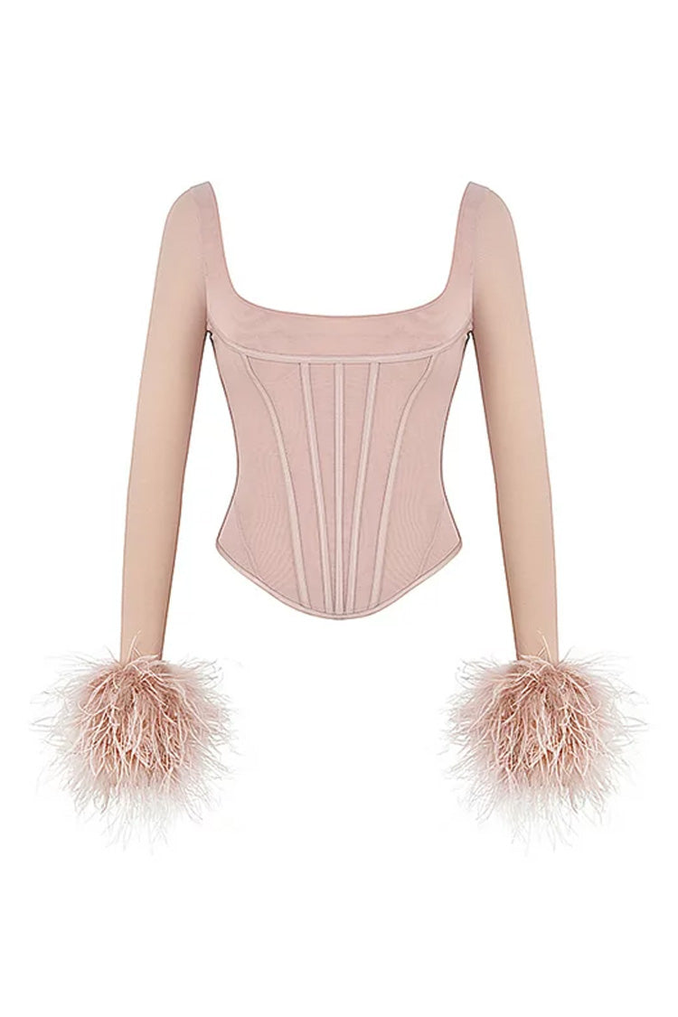 Sexy Square Neck Feather Trim Sheer Mesh Long Sleeve Crop Corset Top