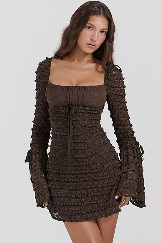 Sexy Square Neck Flared Sleeve Tiered Ruffle Lace Bodycon Party Mini Dress - Coffee - Fashionpara