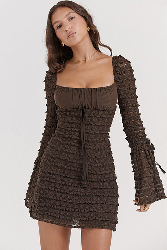 Sexy Square Neck Flared Sleeve Tiered Ruffle Lace Bodycon Party Mini Dress - Coffee - Fashionpara