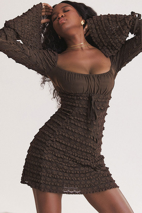 Sexy Square Neck Flared Sleeve Tiered Ruffle Lace Bodycon Party Mini Dress - Coffee - Fashionpara