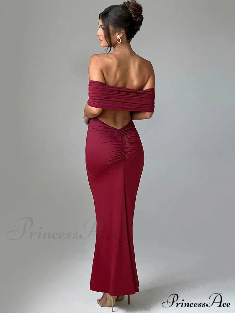 Sexy Strapless Backless Maxi Dress - Solid Off-Shoulder Sleeveless Bodycon Christmas Party Wine Red