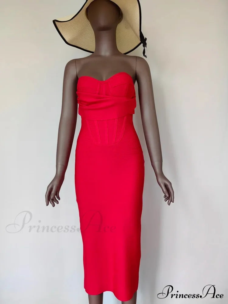 Sexy Strapless Backless Split Bustier Red Christmas Party Dress