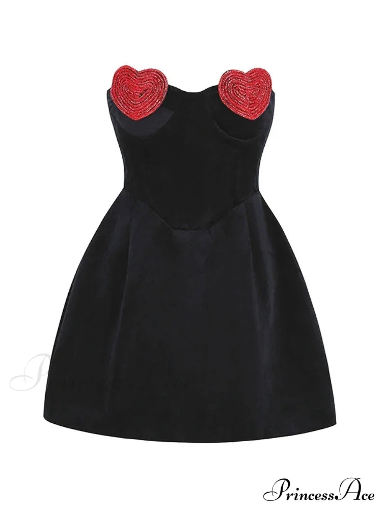 Sexy Strapless Heart Shape Crystal Design Mini Dress Velvet A-Line Christmas Party Dress