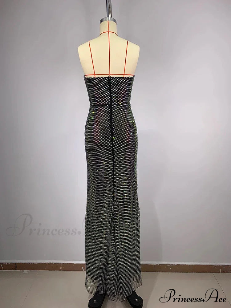 Sexy Strapless Luxury Diamonds Long Dress Shiny Sequins Crystal Folds Christmas Party Dress