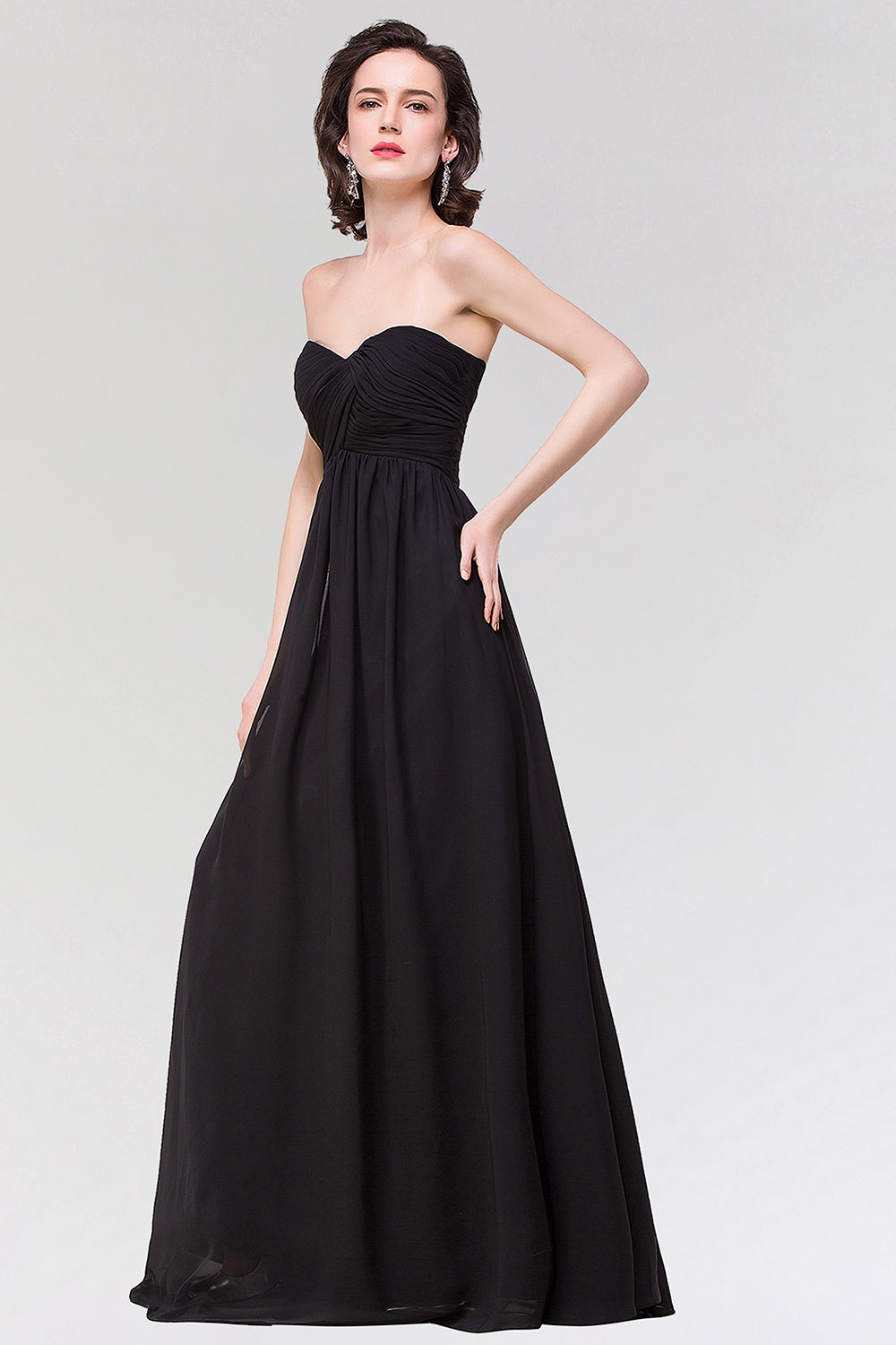 Sexy Strapless Sweetheart Long Black Chiffon Bridesmaid Dresses with Ruffles - Fashionpara