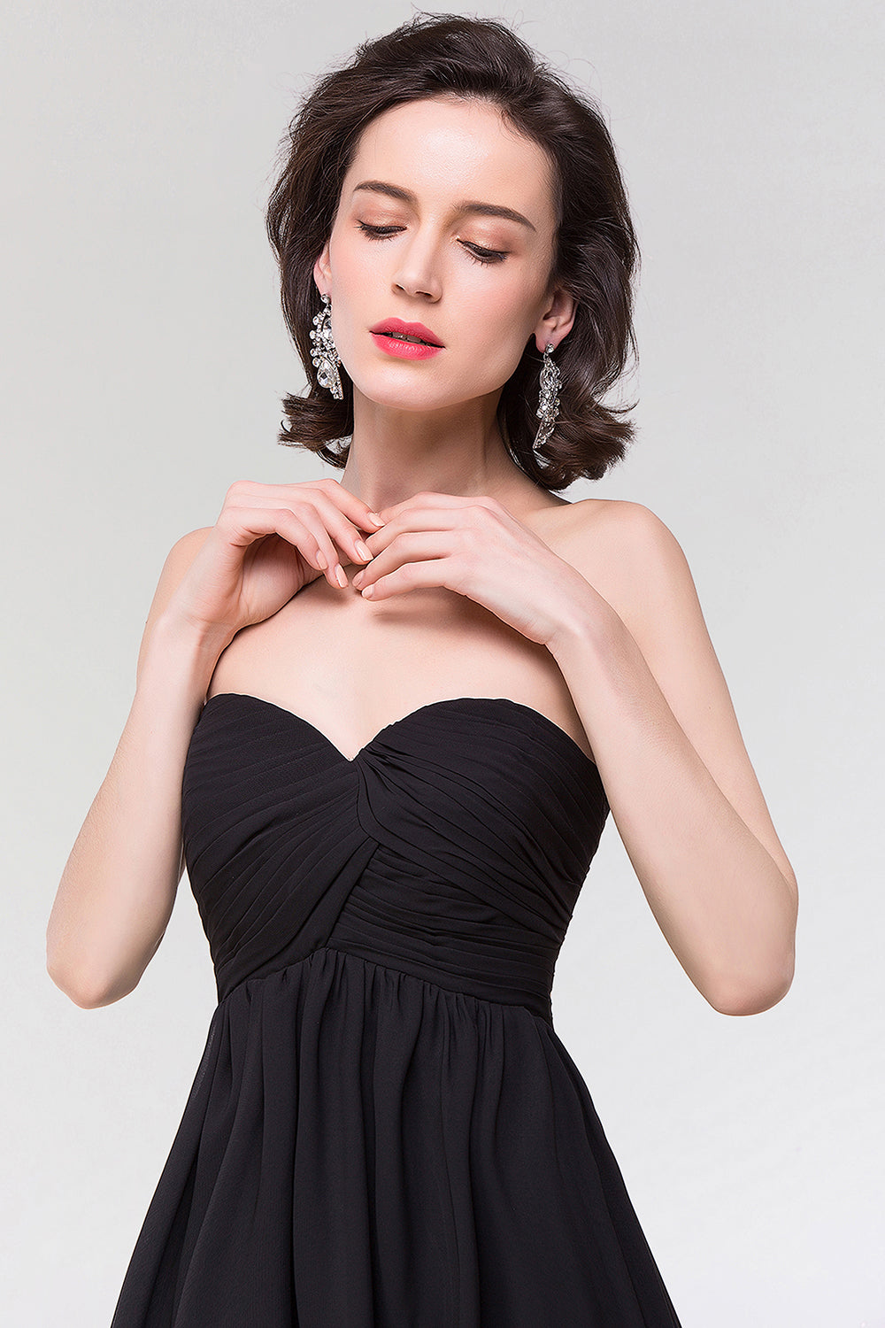 Sexy Strapless Sweetheart Long Black Chiffon Bridesmaid Dresses with Ruffles - Fashionpara
