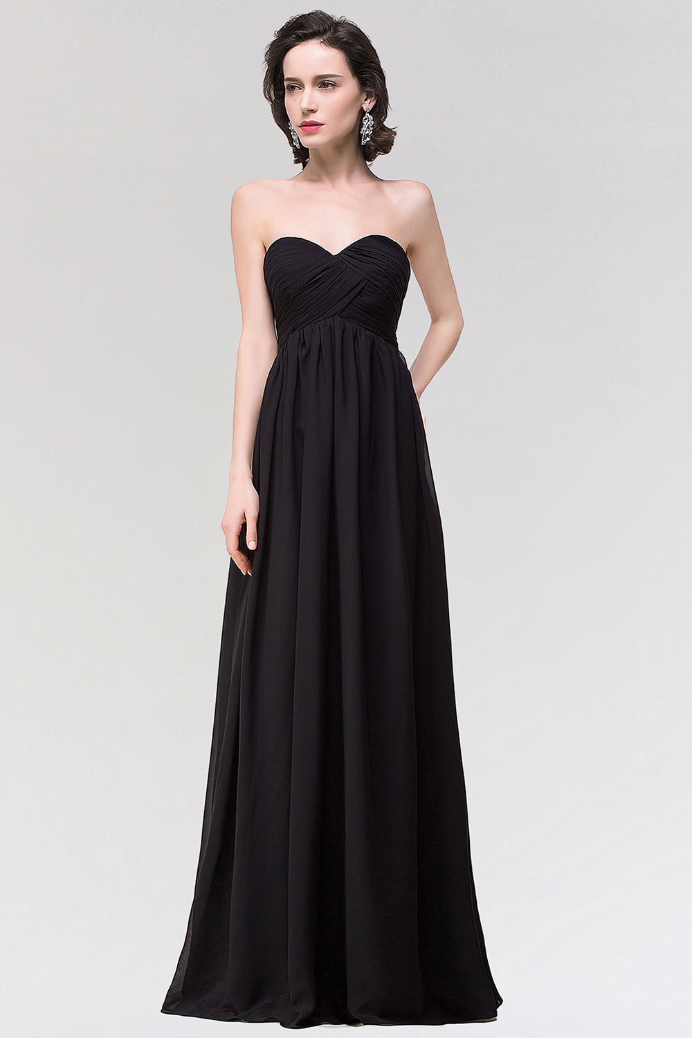 Sexy Strapless Sweetheart Long Black Chiffon Bridesmaid Dresses with Ruffles - Fashionpara