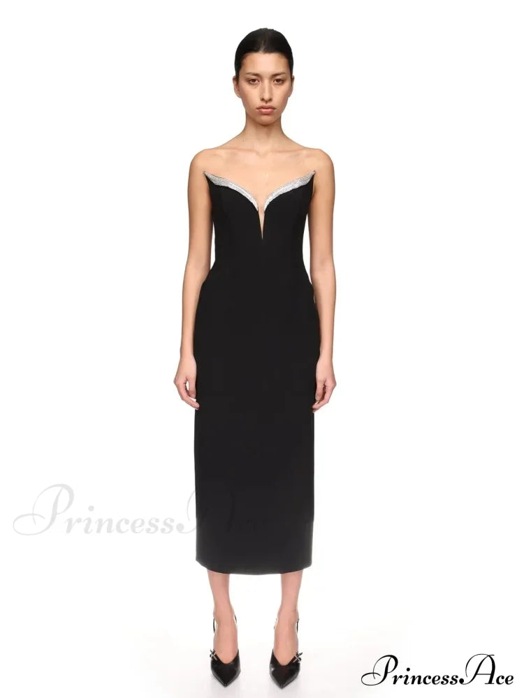 Sexy Strapless V Neck Diamonds Bandage Black Sleeveless Christmas Party Dress