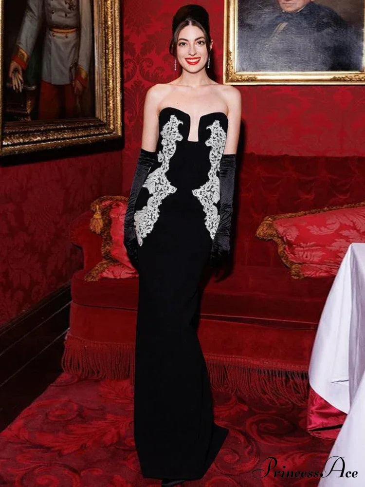 Sexy Strapless V Neck Lace Sequin Design Black Velvet Christmas Party Dress