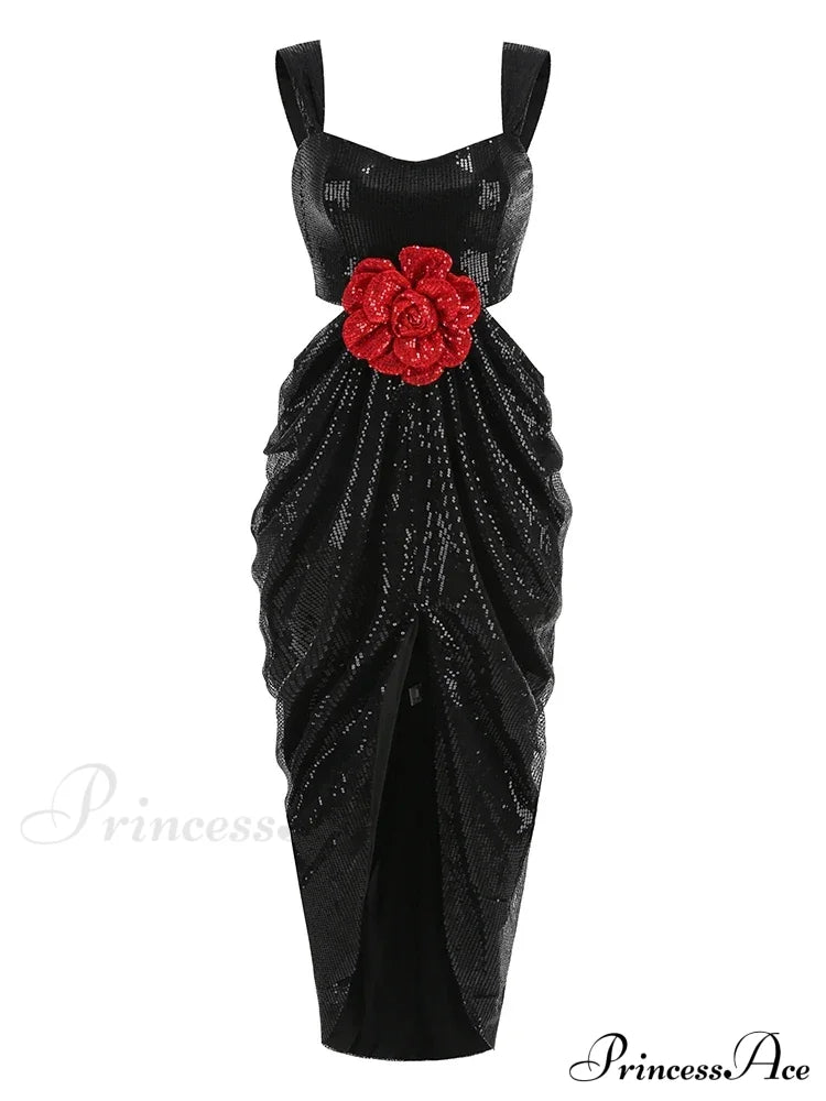 Sexy Straps 3D Flower Shiny Sequins Folds Long Cutout Slim Christmas Party Dress