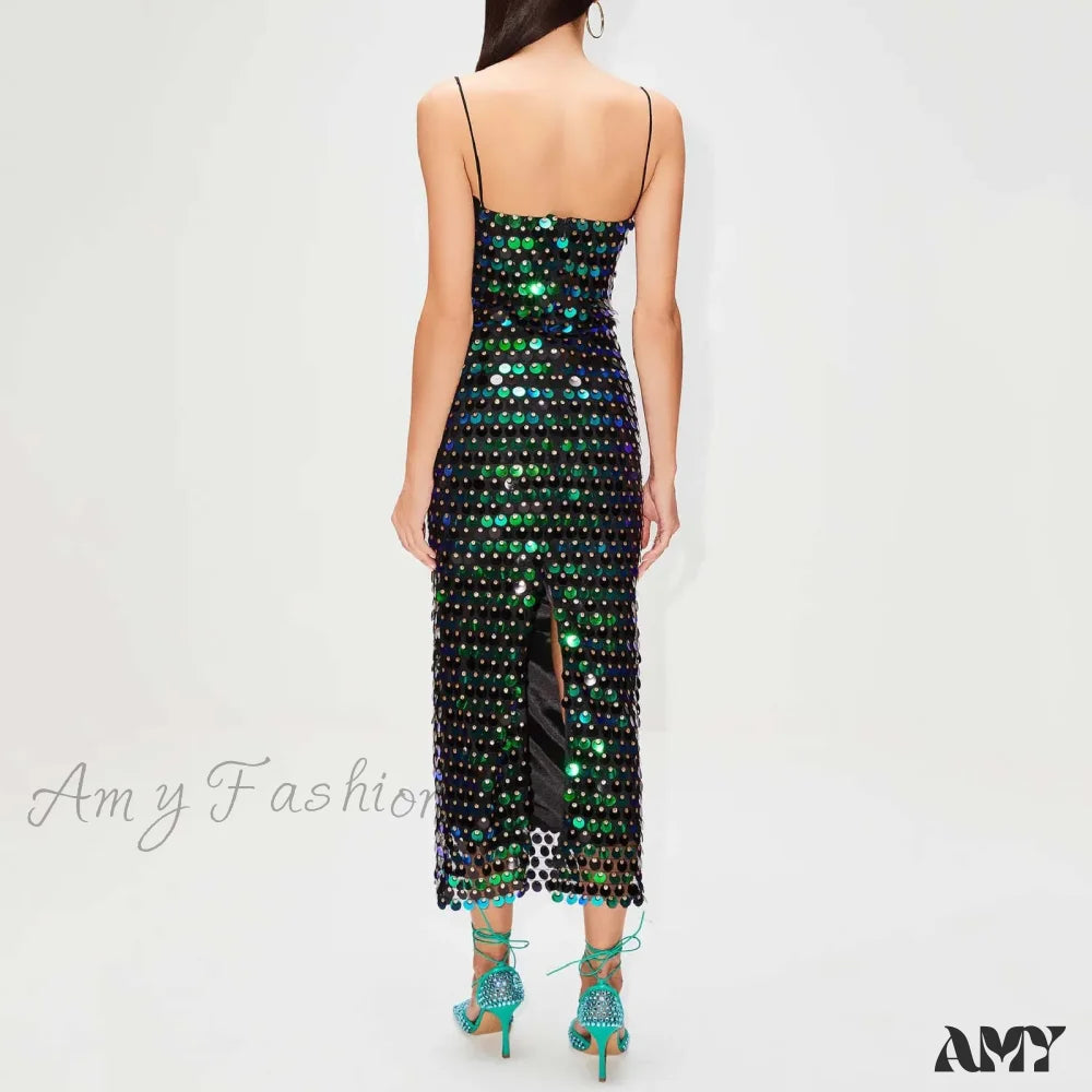 Sequin Straight Neck Spaghetti Strap Bodycon Midi Dress 5