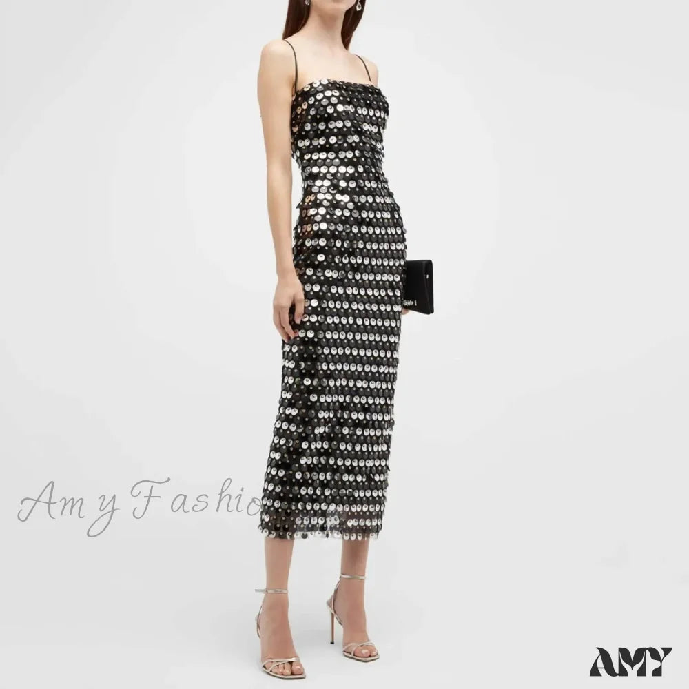 Sequin Straight Neck Spaghetti Strap Bodycon Midi Dress 3