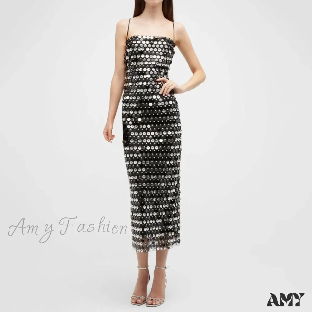 Sequin Straight Neck Spaghetti Strap Bodycon Midi Dress 6