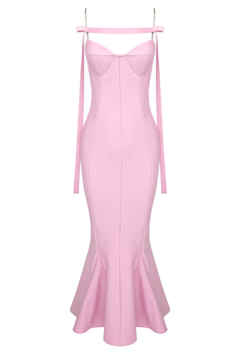 Sexy Sweetheart Chain Strap Bandage Fishtail Cocktail Party Midi Dress - Pink  Fashionpara