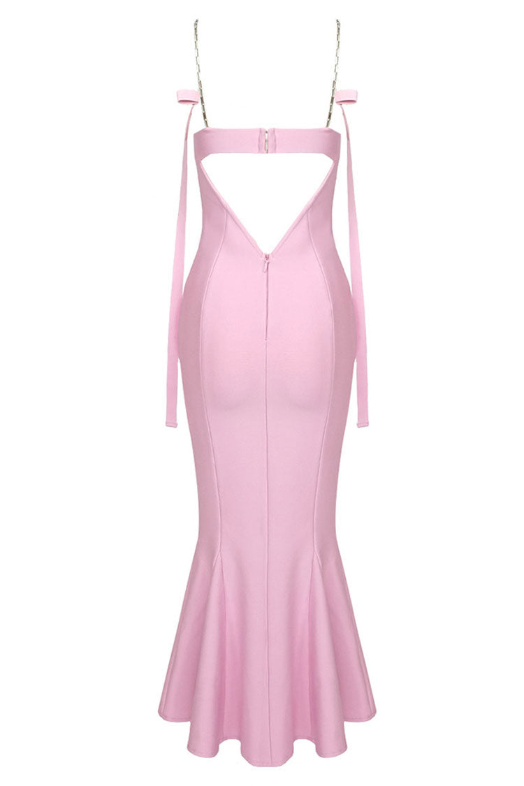 Sexy Sweetheart Chain Strap Bandage Fishtail Cocktail Party Midi Dress - Pink  Fashionpara