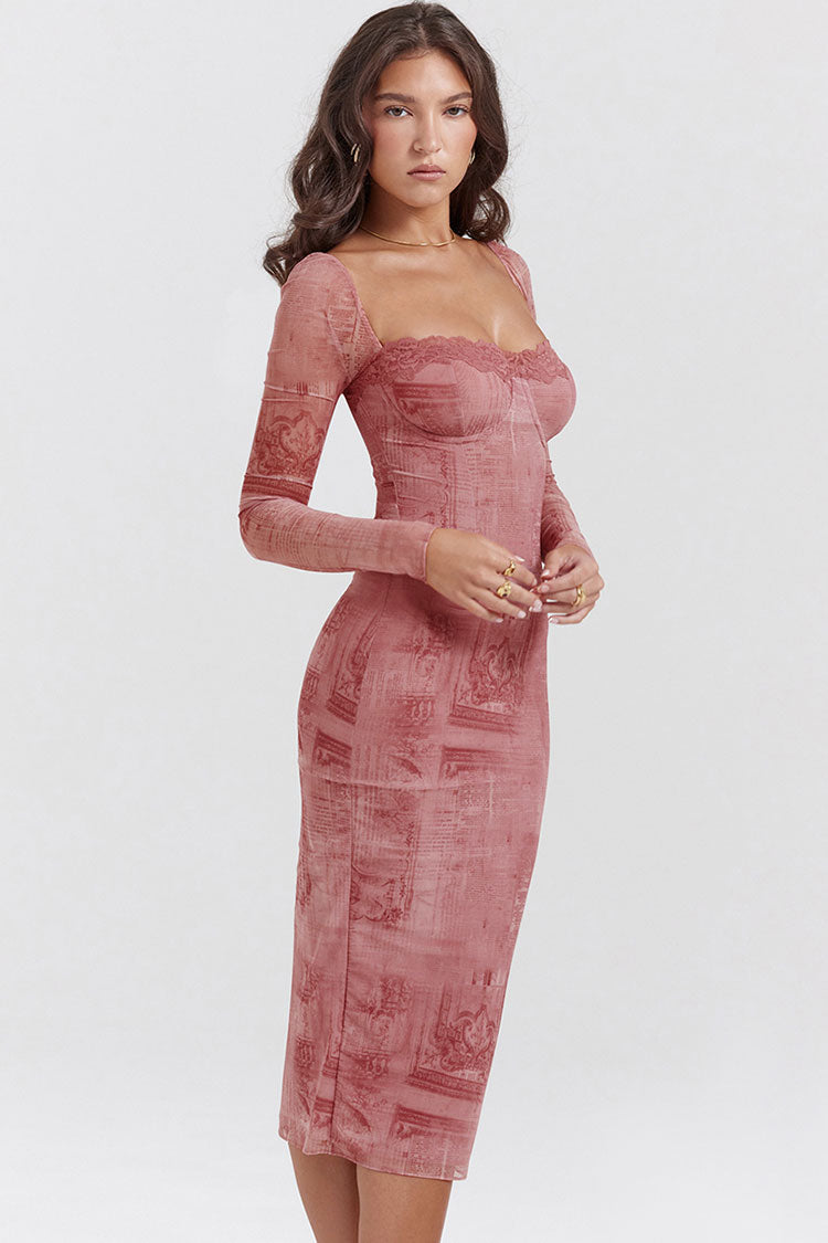 Sweetheart Neck Long Sleeve Lace Trim Bodycon Midi Dress - View 2