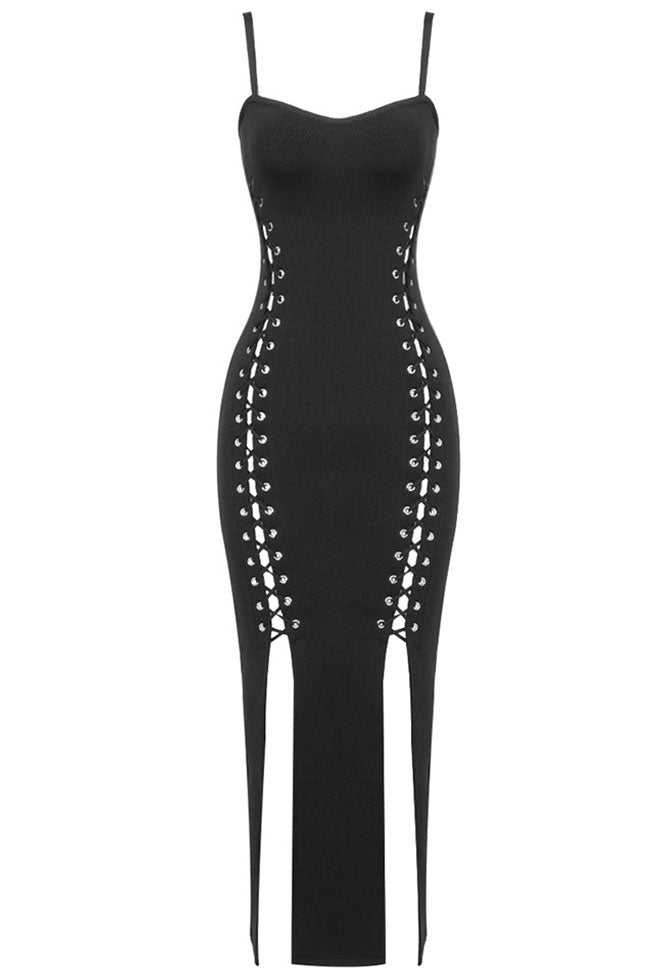 Sexy Sweetheart Lace Up Thigh High Slit Bandage Prom Midi Dress - Black - Fashionpara