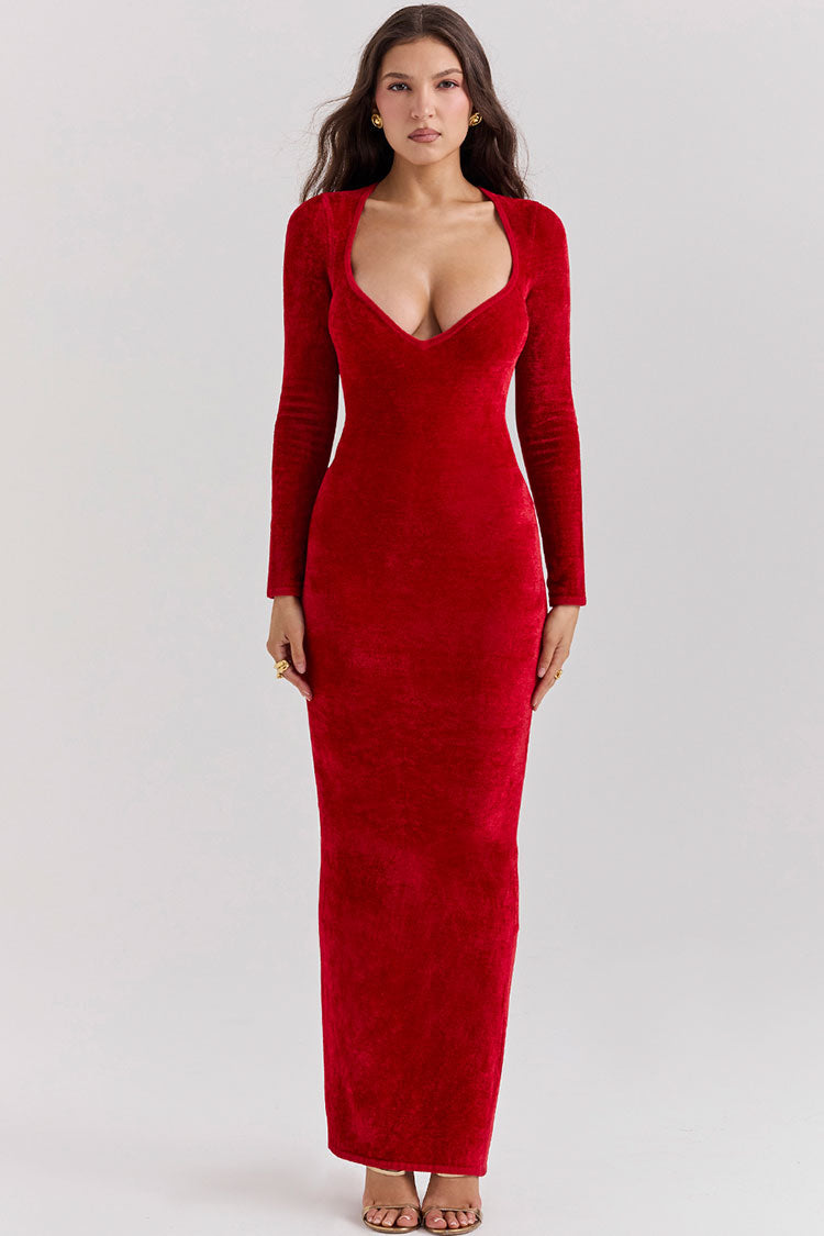 Sexy Sweetheart Neck Long Sleeve Velvet Bodycon Maxi Evening Dress - Red - Fashionpara