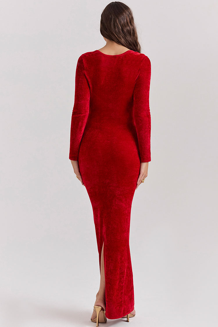 Sexy Sweetheart Neck Long Sleeve Velvet Bodycon Maxi Evening Dress - Red - Fashionpara