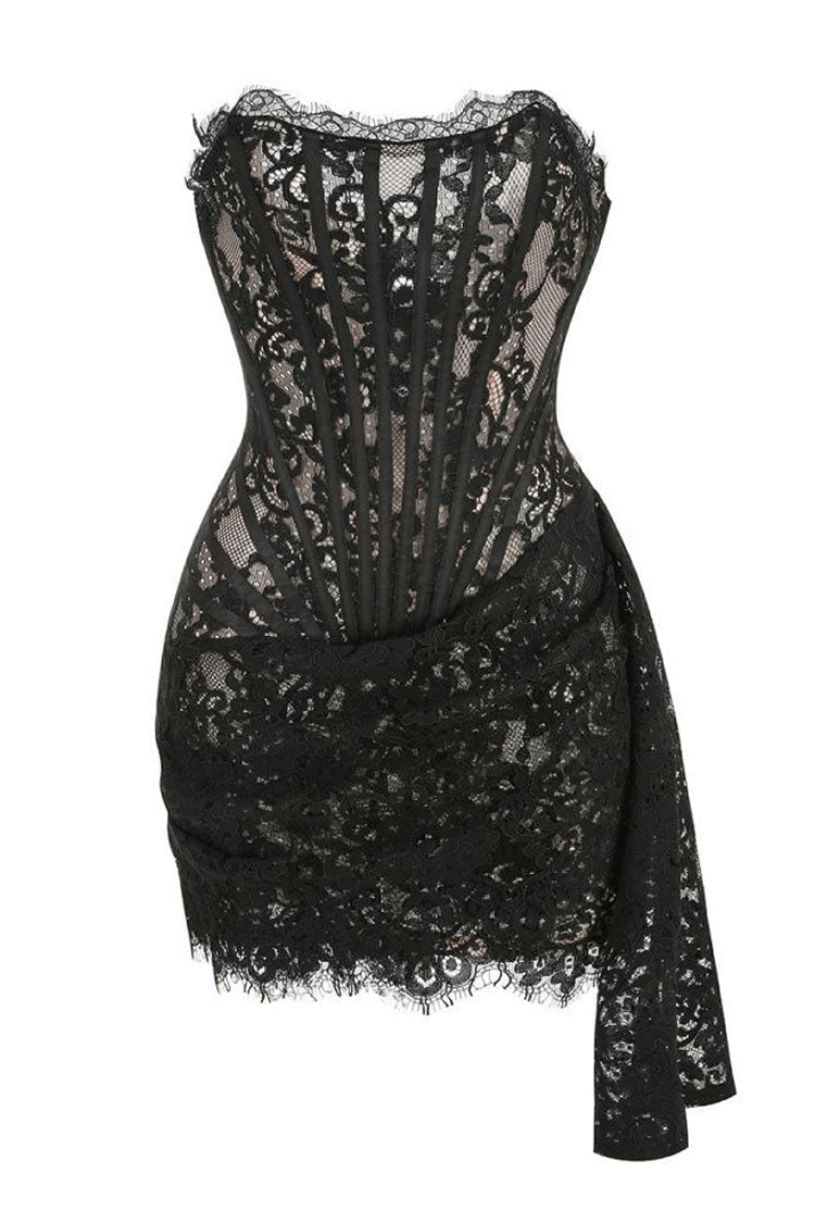 Lace Strapless Corset Draped High Low Mini Party Dress - View 4