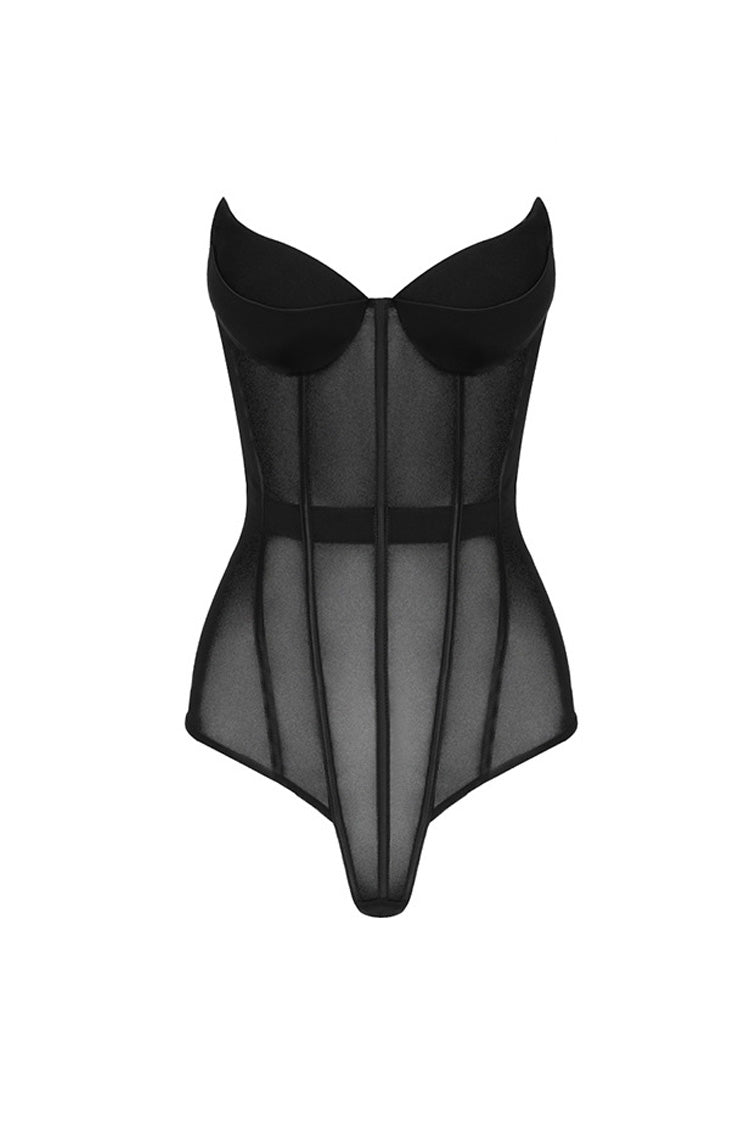 Sexy Sweetheart Neck Strapless High Waist Sheer Mesh Corset Bodysuit - Fashionpara