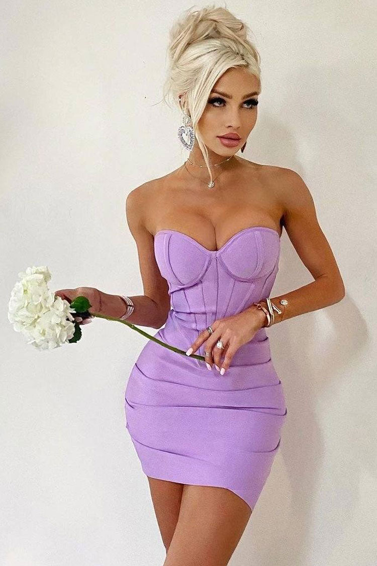 Sweetheart Strapless Pleated Bodycon Bandage Mini Dress - Purple