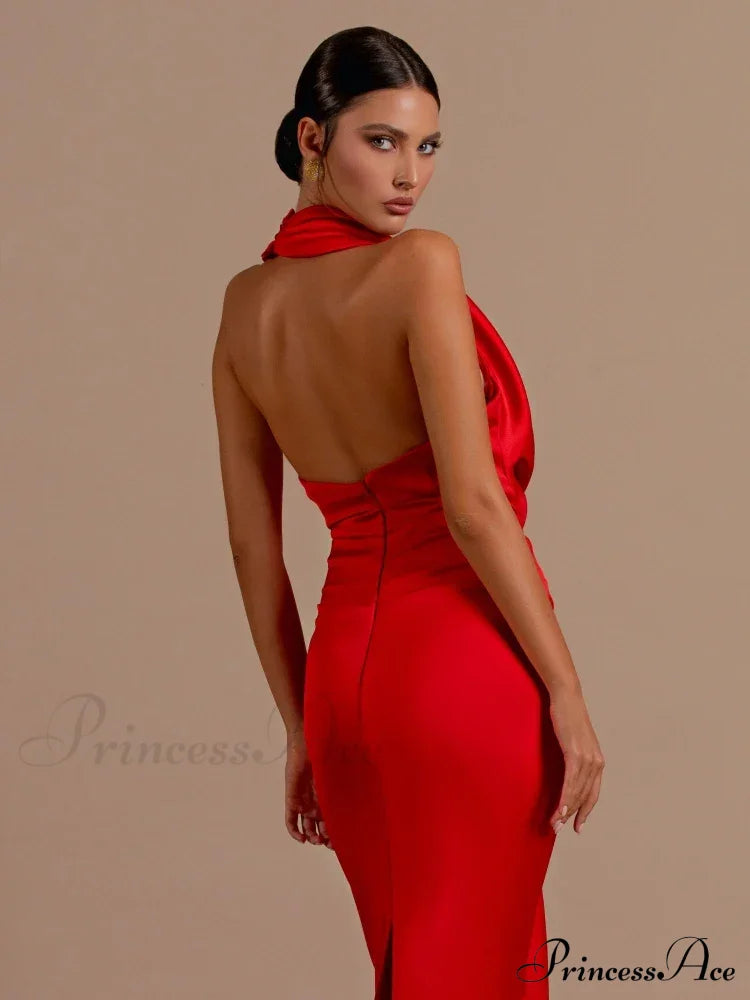 Sexy Swinging Collar Backless Pleated Long Dress Draped Design Christmas Party Dress