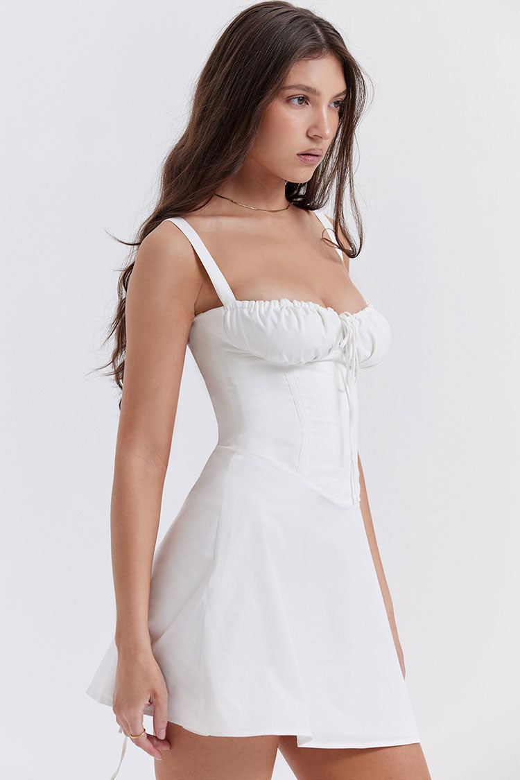 Tie Front Lace Up Back Fit & Flare Corset Mini Sundress - White - Fashionpara