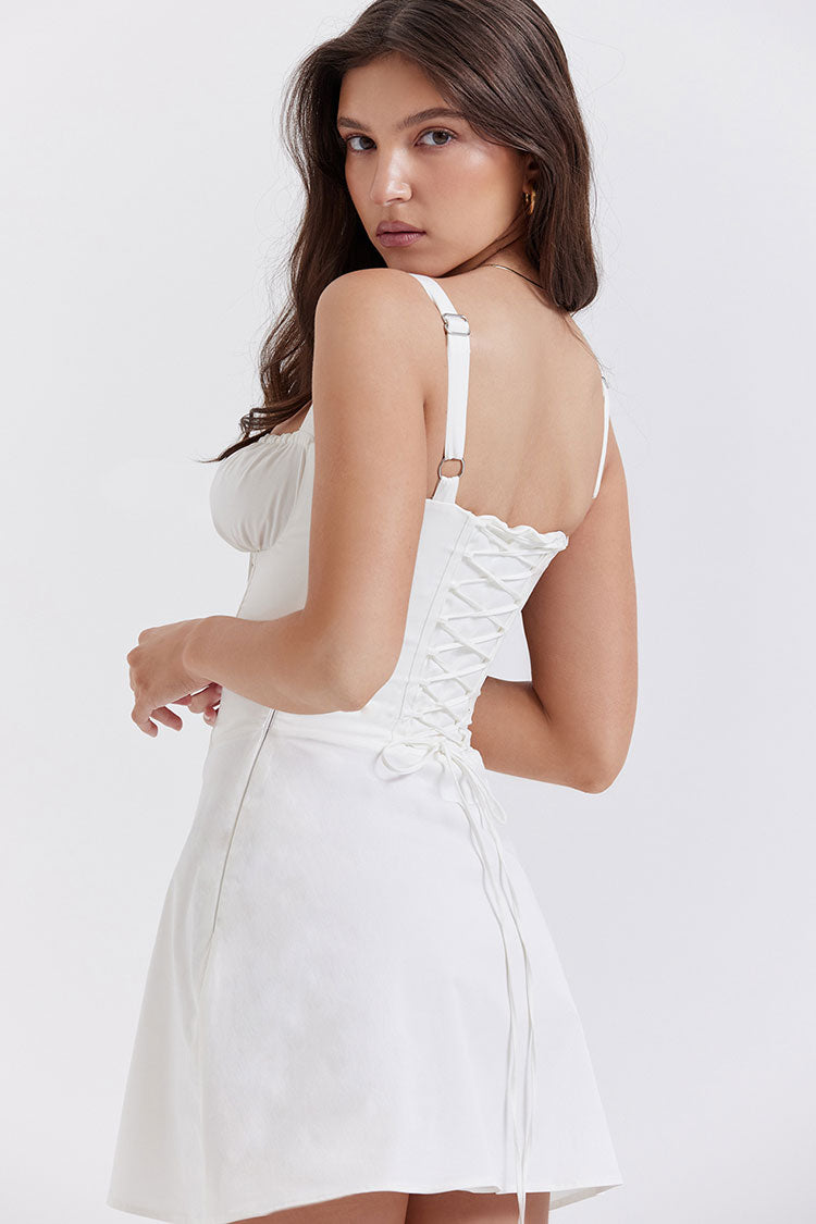 Sexy Tie Front Lace Up Back Fit & Flare Corset Mini Sundress - White Fashionpara