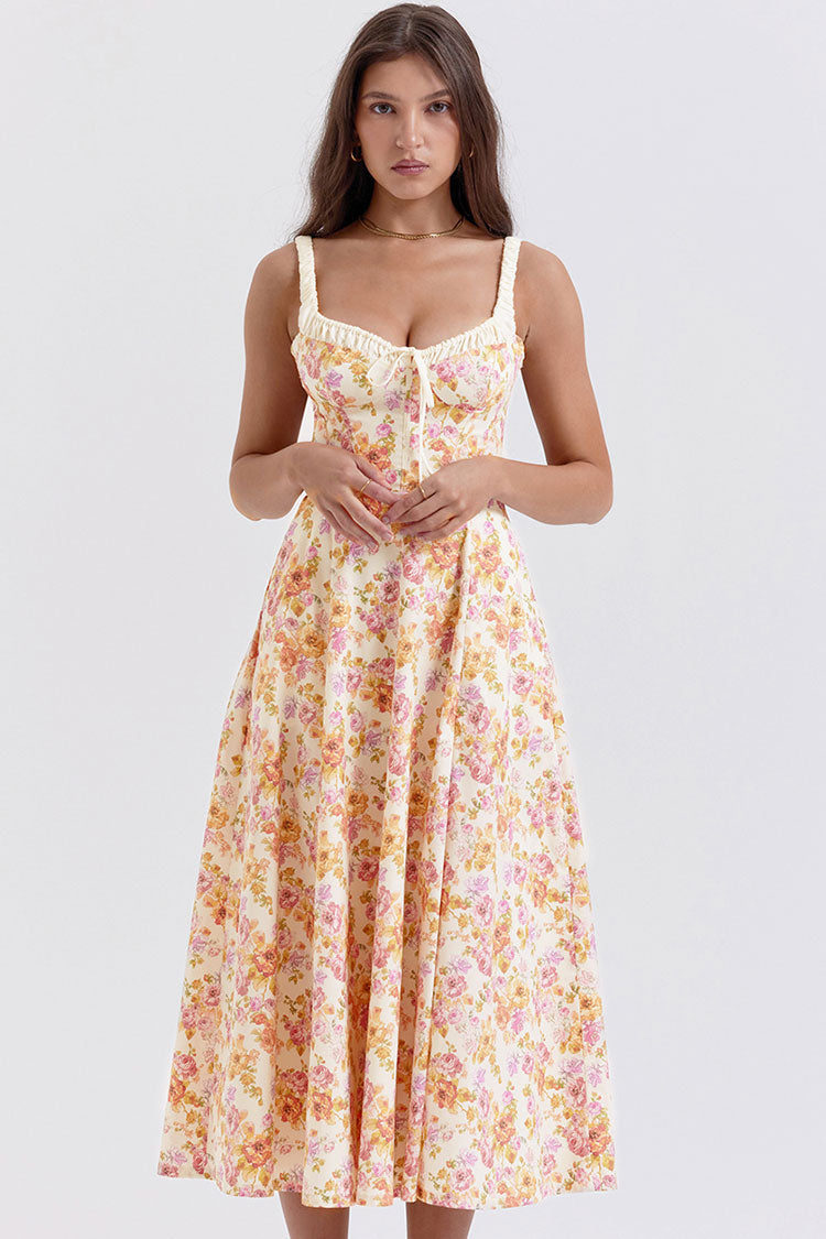 Sexy Tie Neck High Split Floral Printed Summer Midi Sundress - Beige Fashionpara