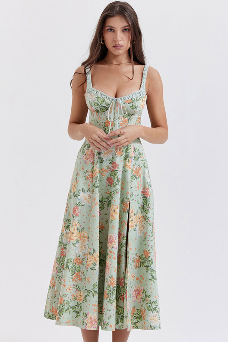 Sexy Tie Neck High Split Floral Printed Summer Midi Sundress - Green Fashionpara
