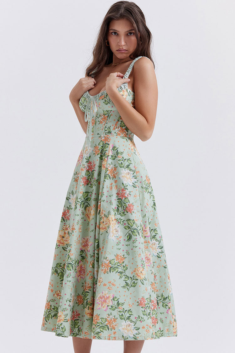 Sexy Tie Neck High Split Floral Printed Summer Midi Sundress - Green Fashionpara