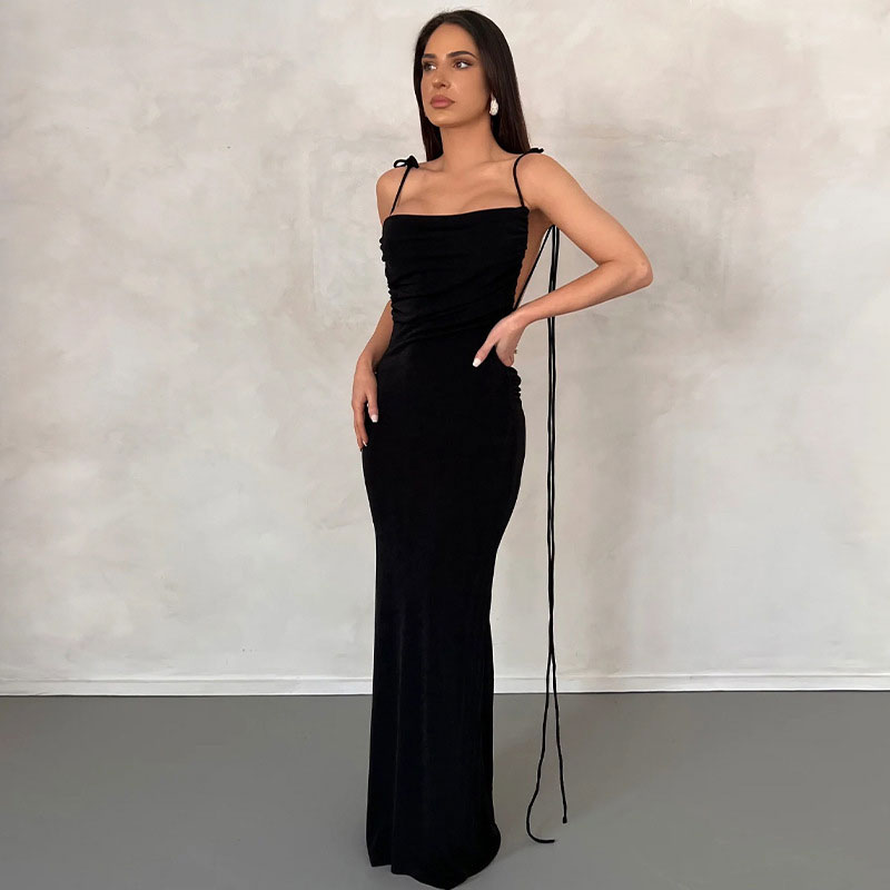Velvet Cowl Neck Tie-Shoulder Ruched Backless Maxi Dress