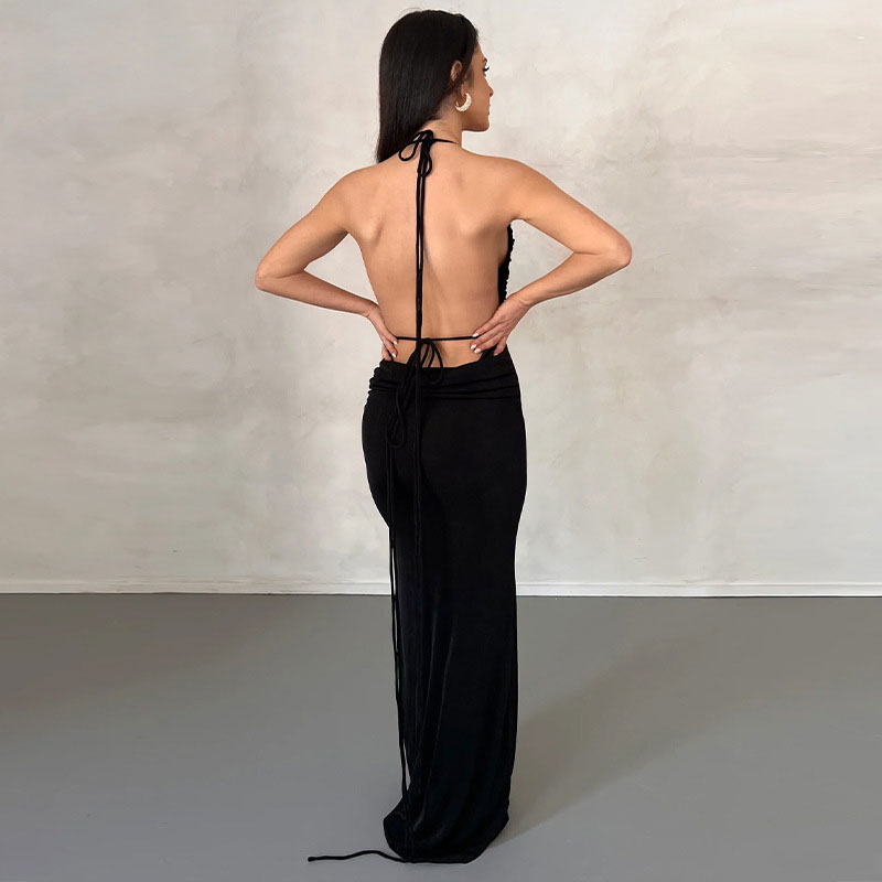 Tie Shoulder Cowl Neck Ruched Trim Backless Sheer Maxi Dress - Black - View 2
