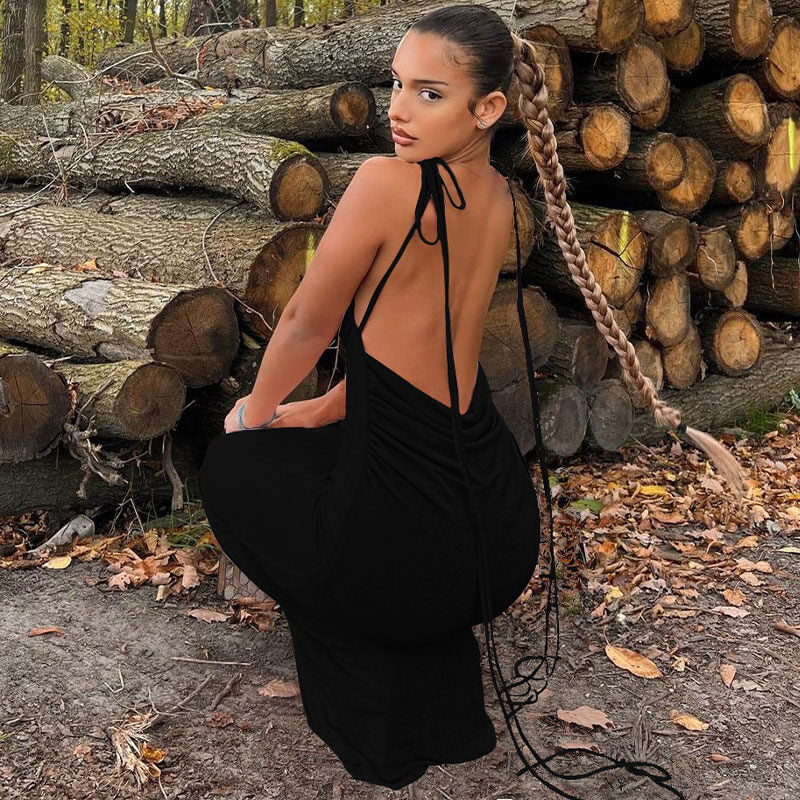 Tie Shoulder Cowl Neck Ruched Trim Backless Sheer Maxi Dress - Black - View 3