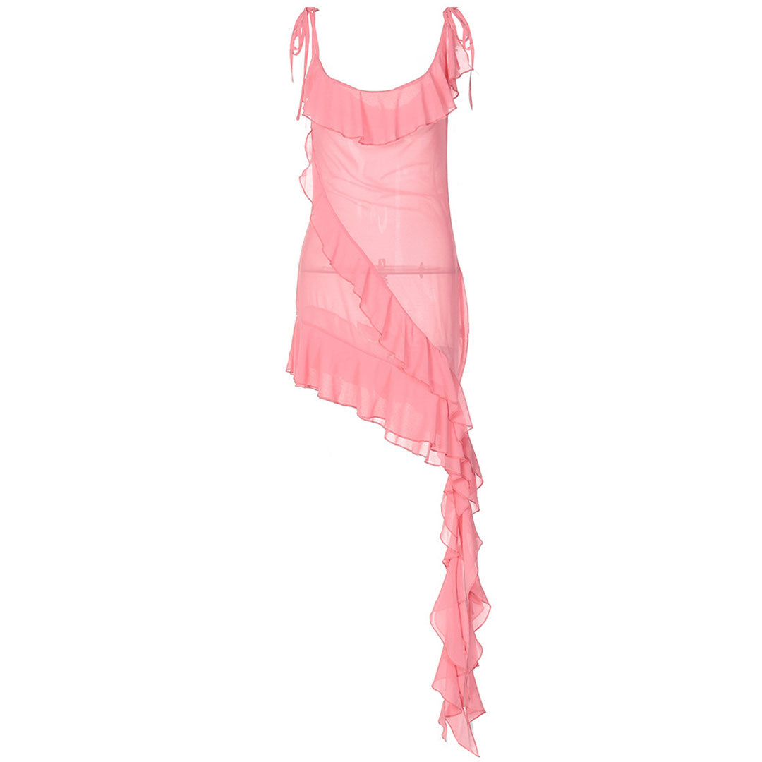 Sexy Tie Strap Scoop Neck Asymmetrical Ruffle Chiffon Sheer Dress - Pink - Fashionpara