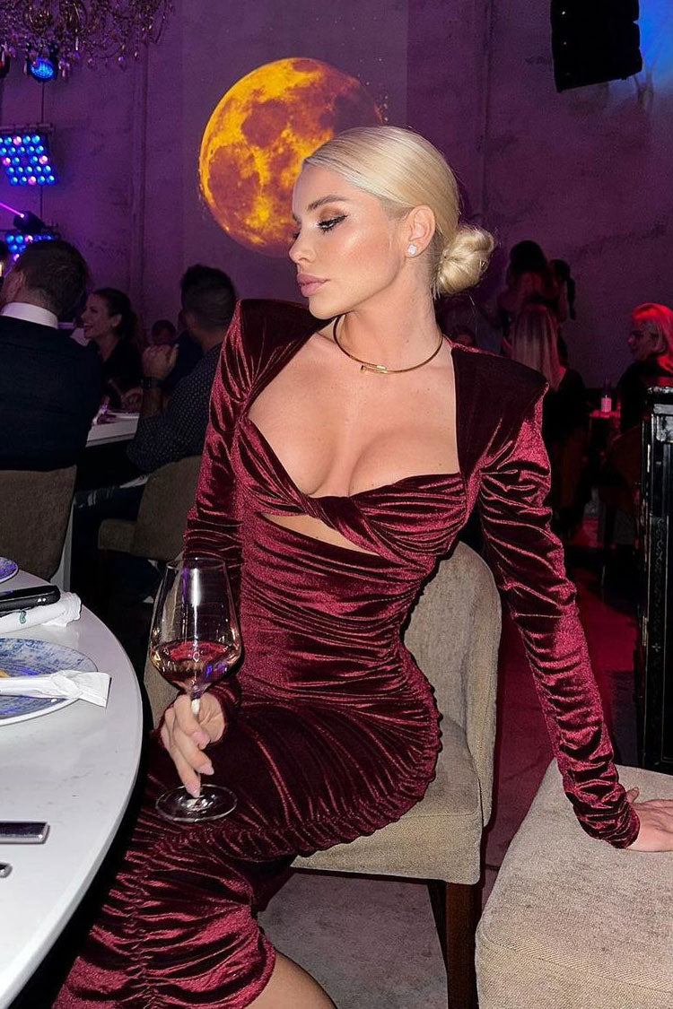 Sexy Twist Front Cutout Shoulder Pad Velvet Ruched Cocktail Midi Dress - Burgundy - Fashionpara
