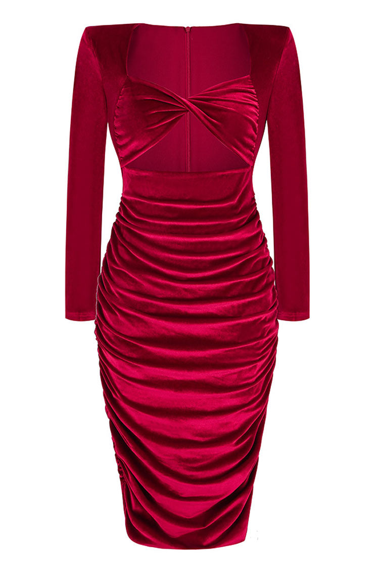 Sexy Twist Front Cutout Shoulder Pad Velvet Ruched Cocktail Midi Dress - Burgundy - Fashionpara