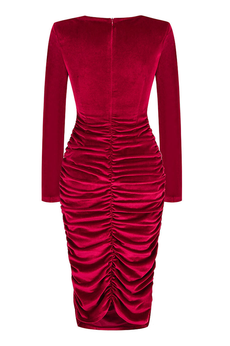Sexy Twist Front Cutout Shoulder Pad Velvet Ruched Cocktail Midi Dress - Burgundy - Fashionpara