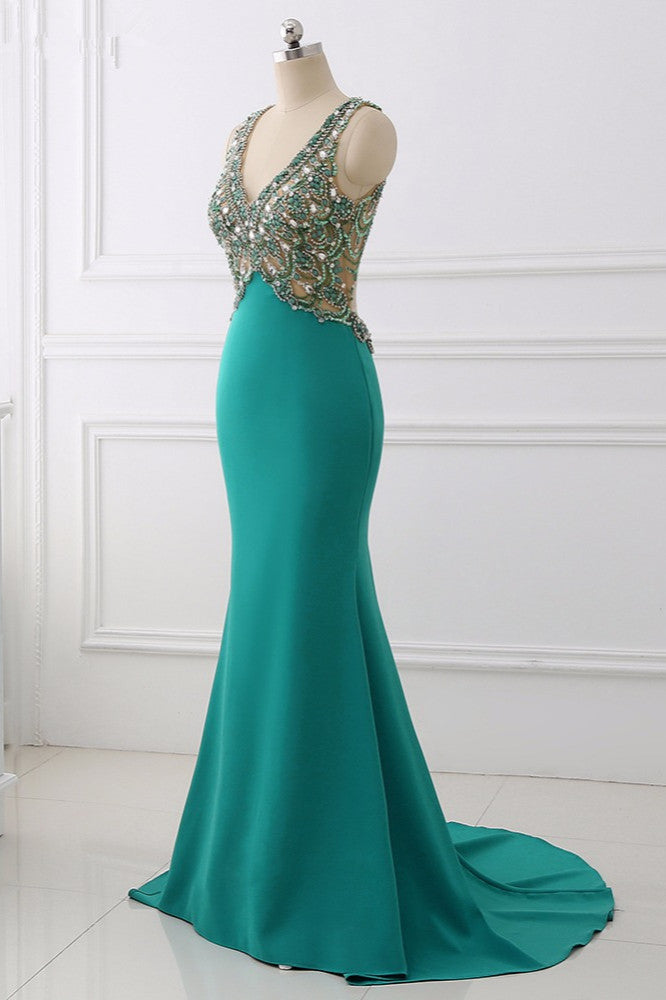 Sexy V-Neck Appliques Mermaid Prom Dresses Sleeveless with Crystals On Sale - Fashionpara