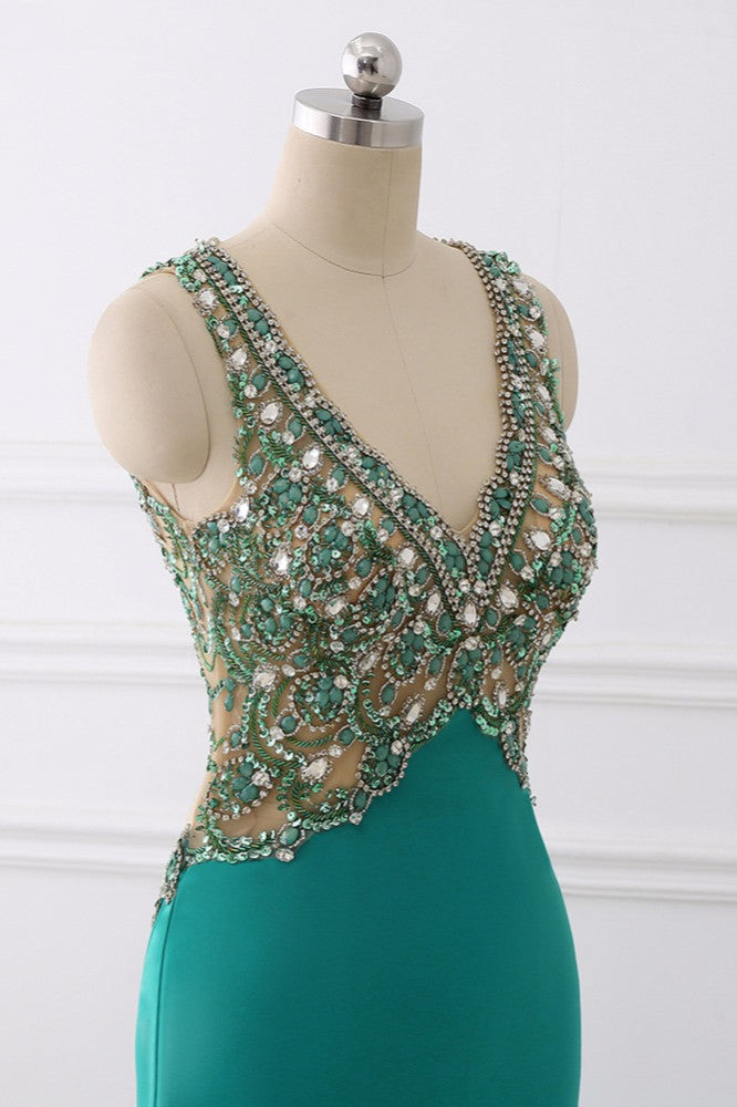 Sexy V-Neck Appliques Mermaid Prom Dresses Sleeveless with Crystals On Sale - Fashionpara