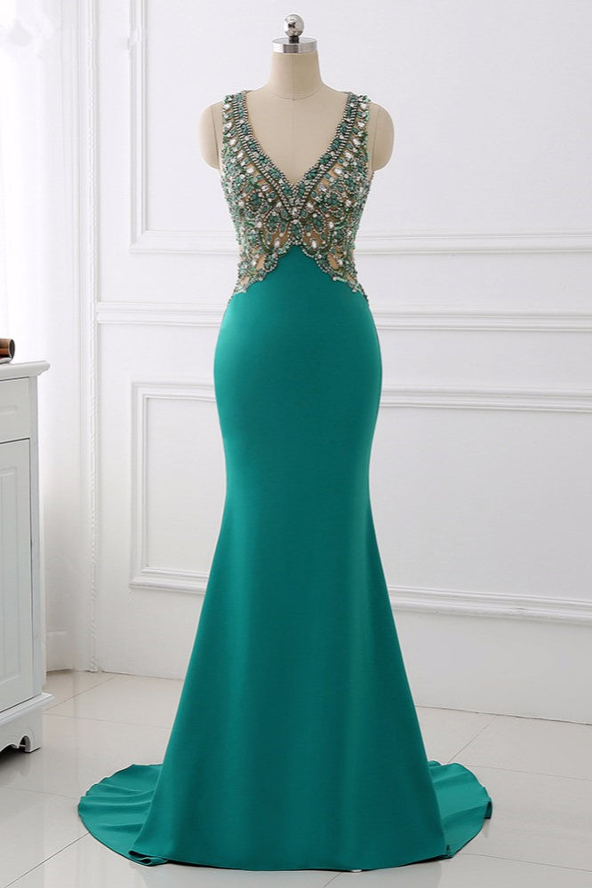 Sexy V-Neck Appliques Mermaid Prom Dresses Sleeveless with Crystals On Sale - Fashionpara