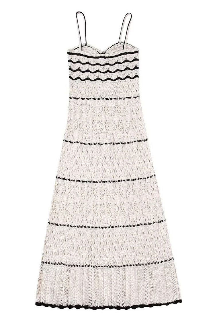 Sexy V Neck Cami Bicolor Striped Crochet Knit Midi Beach Vacation Dress - White  Fashionpara