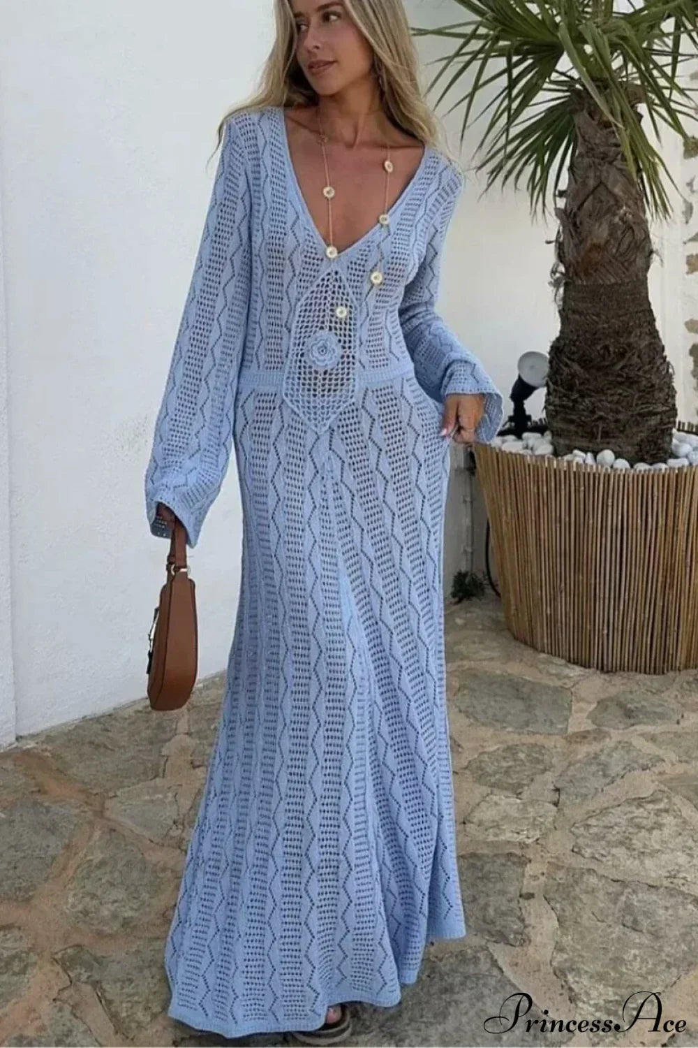 Sexy V Neck Crochet Boho Dress SKY BLUE / S bohodress-250126