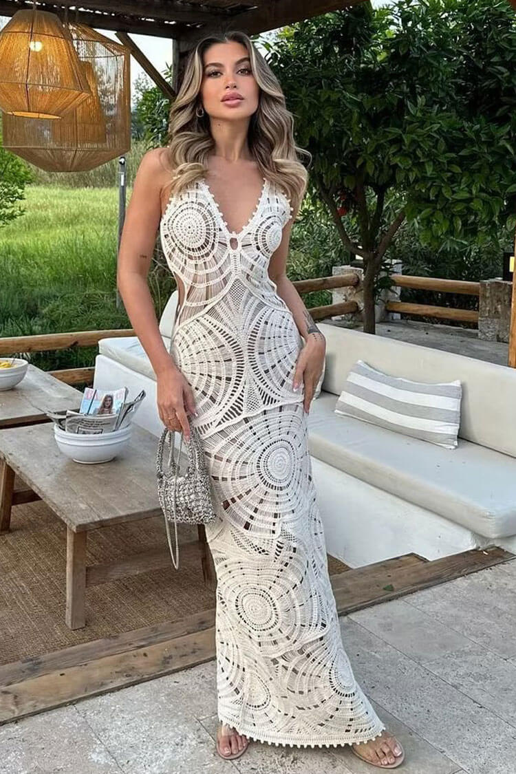 Sexy V Neck Cutout Circle Crochet Open Knit Maxi Beach Vacation Dress - Beige  Fashionpara