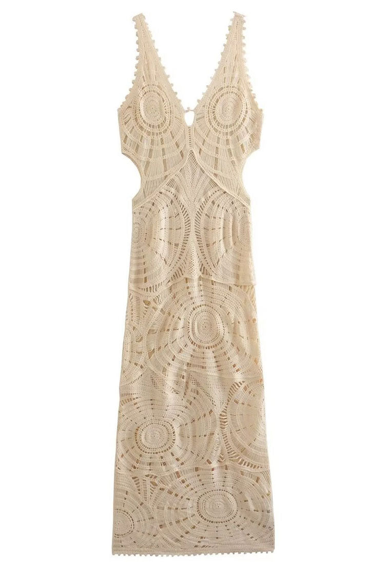 Sexy V Neck Cutout Circle Crochet Open Knit Maxi Beach Vacation Dress - Beige  Fashionpara